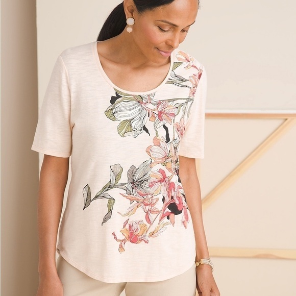 Chico's Tops - Chico’s Peach Foiled Floral Scoop Neck Tee Size 2